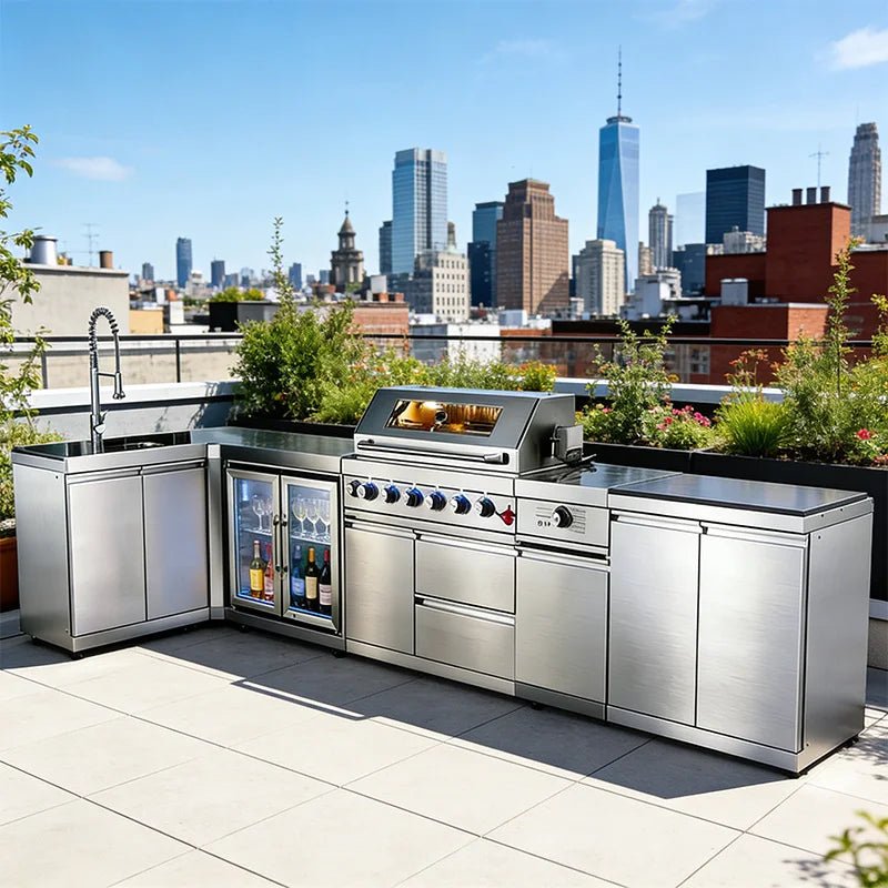 Cuisine Extérieure Complète en Acier Inoxydable 304 avec Grill, Plaque de Cuisson, Évier et Réfrigérateur - Armoire Extérieure Imperméable pour Jardin - Cuisine Chez Nadine