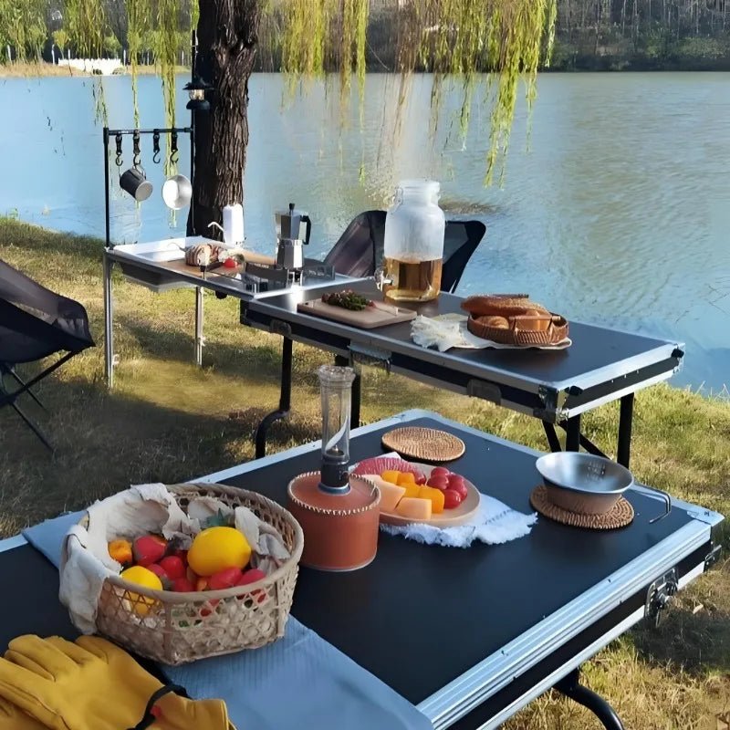 Cuisine Mobile Pliante Multifonctionnelle pour Camping - Table BBQ Portable avec Boîte de Rangement Alliage d'Aluminium - Cuisine Chez Nadine