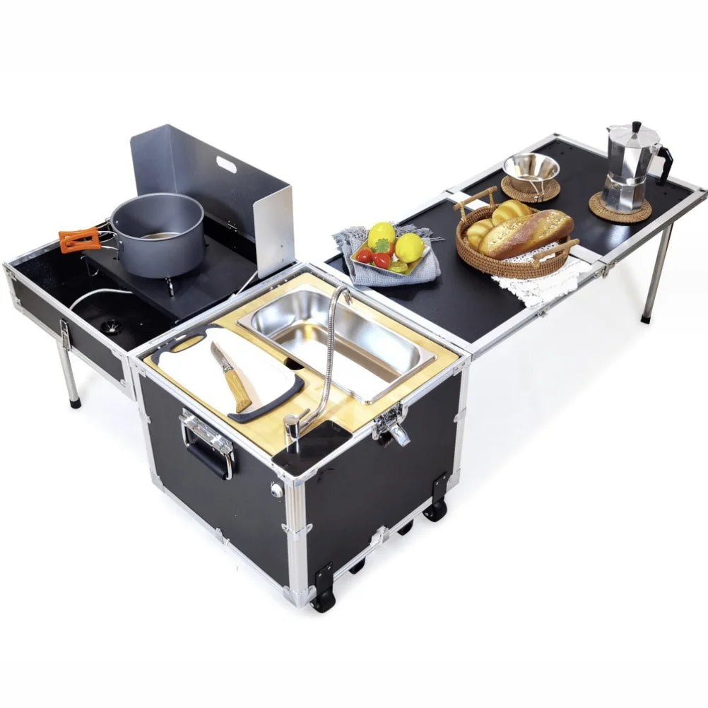 Cuisinette Mobile Camping Portable Pliable - Boîte Rangement 40L avec Réchaud Intégré Alliage Aluminium pour Extérieur Pique - nique - Cuisine Chez Nadine
