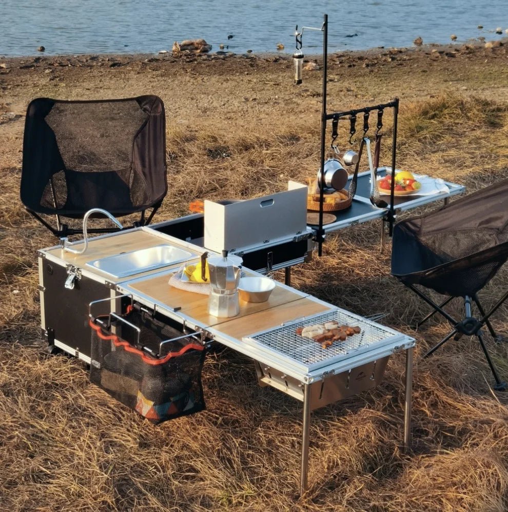 Cuisinette Mobile Camping Portable Pliable - Boîte Rangement 40L avec Réchaud Intégré Alliage Aluminium pour Extérieur Pique - nique - Cuisine Chez Nadine