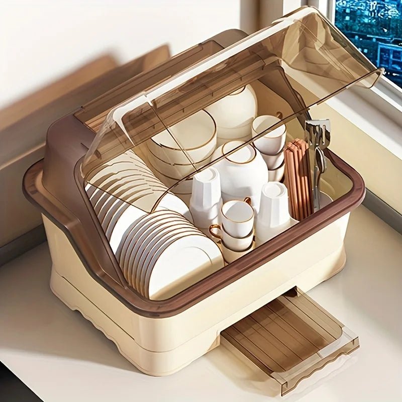 Égouttoir à vaisselle couvert - Meuble de rangement de cuisine peu encombrant et anti - poussière, couleur crème, porte - couverts multifonctionnel - Cuisine Chez Nadine