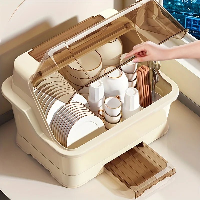 Égouttoir à vaisselle couvert - Meuble de rangement de cuisine peu encombrant et anti - poussière, couleur crème, porte - couverts multifonctionnel - Cuisine Chez Nadine