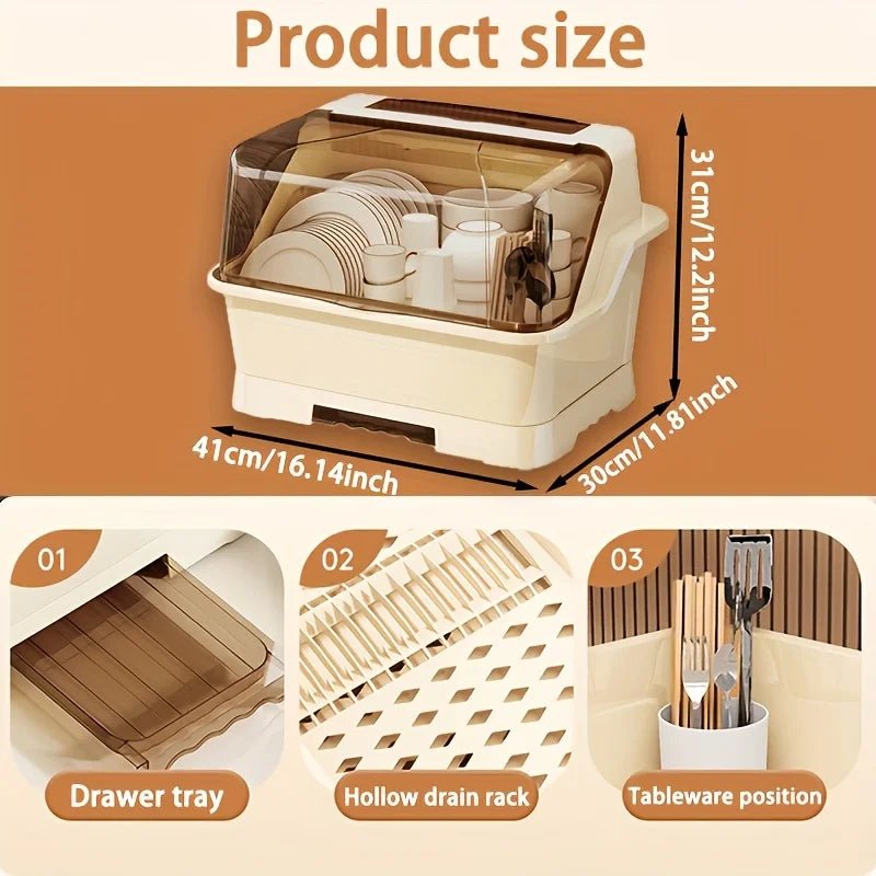 Égouttoir à vaisselle couvert - Meuble de rangement de cuisine peu encombrant et anti - poussière, couleur crème, porte - couverts multifonctionnel - Cuisine Chez Nadine