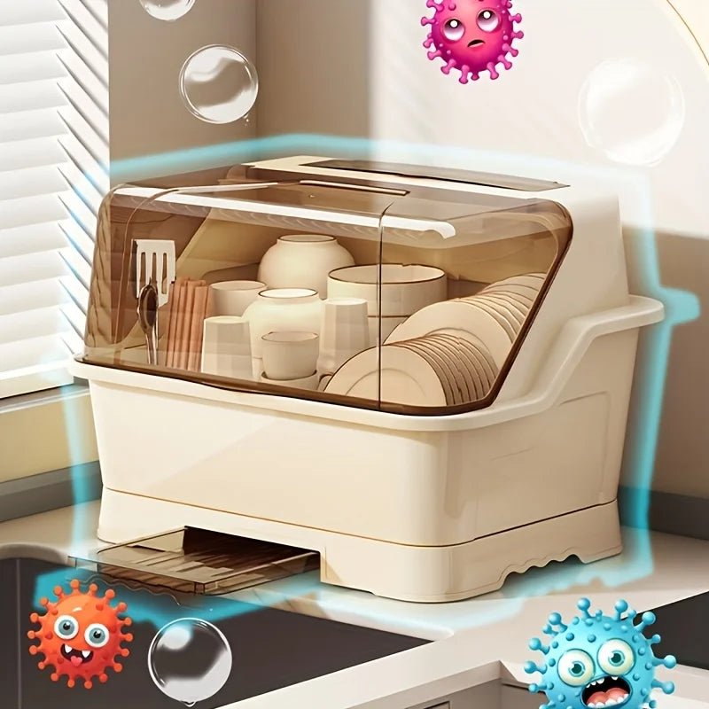 Égouttoir à vaisselle couvert - Meuble de rangement de cuisine peu encombrant et anti - poussière, couleur crème, porte - couverts multifonctionnel - Cuisine Chez Nadine