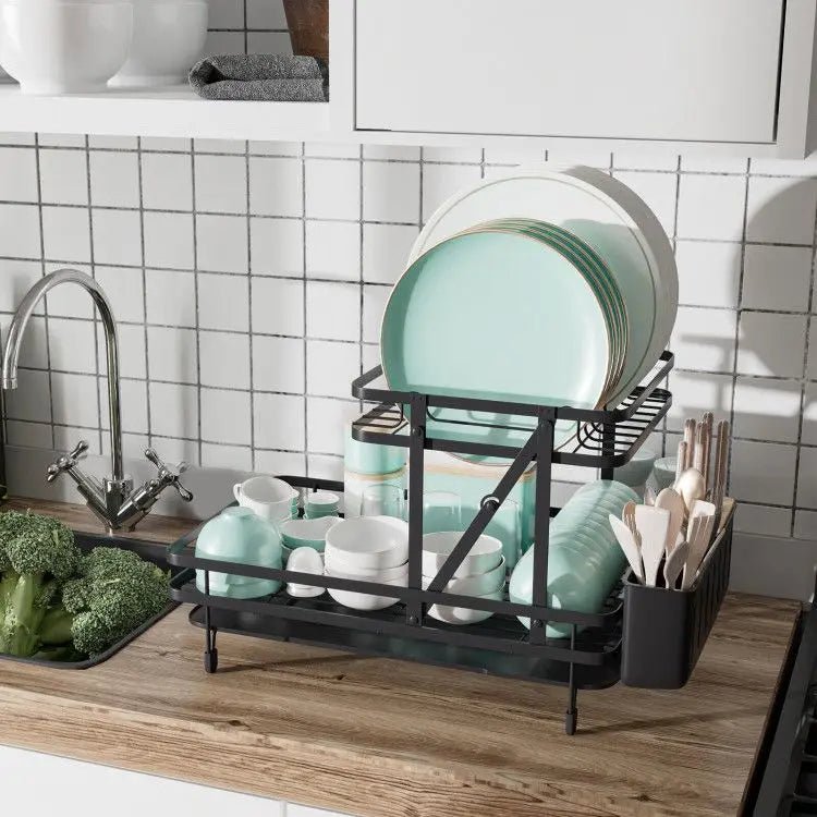 Égouttoir à Vaisselle Pliable 2 Niveaux avec Bac Égouttoir Amovible - Rangement Cuisine Noir - Cuisine Chez Nadine