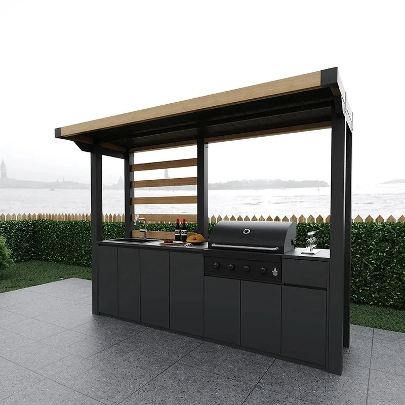 Ensemble Bar et Cuisine Extérieure Moderne - Armoires BBQ avec Évier, Robinetterie et Salle à Manger Alliage Aluminium Premium - Cuisine Chez Nadine
