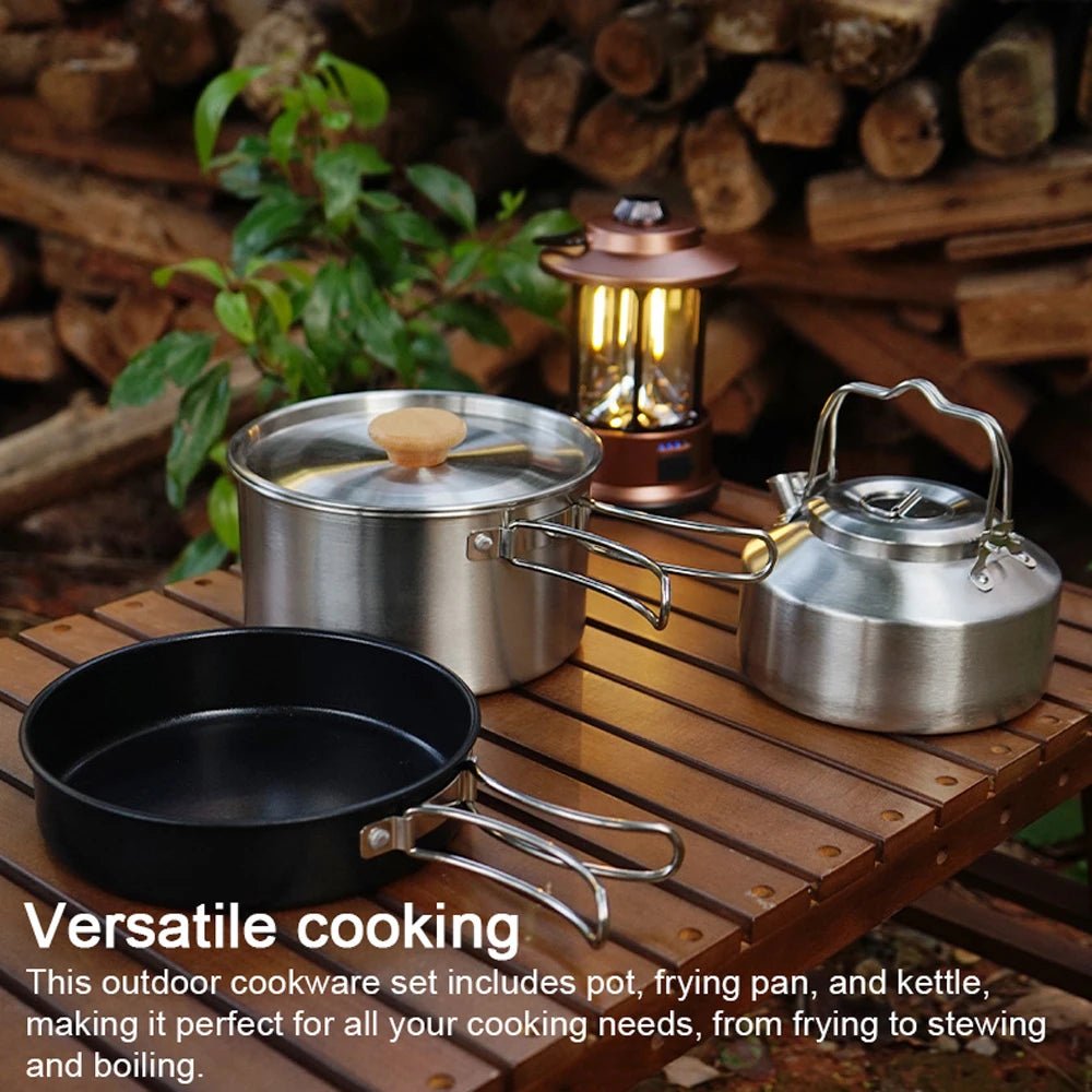 Ensemble Batterie de Cuisine pour Camping en Acier Inoxydable - Kit Casserole, Poêle et Bouilloire pour Extérieur et Voyage - Cuisine Chez Nadine