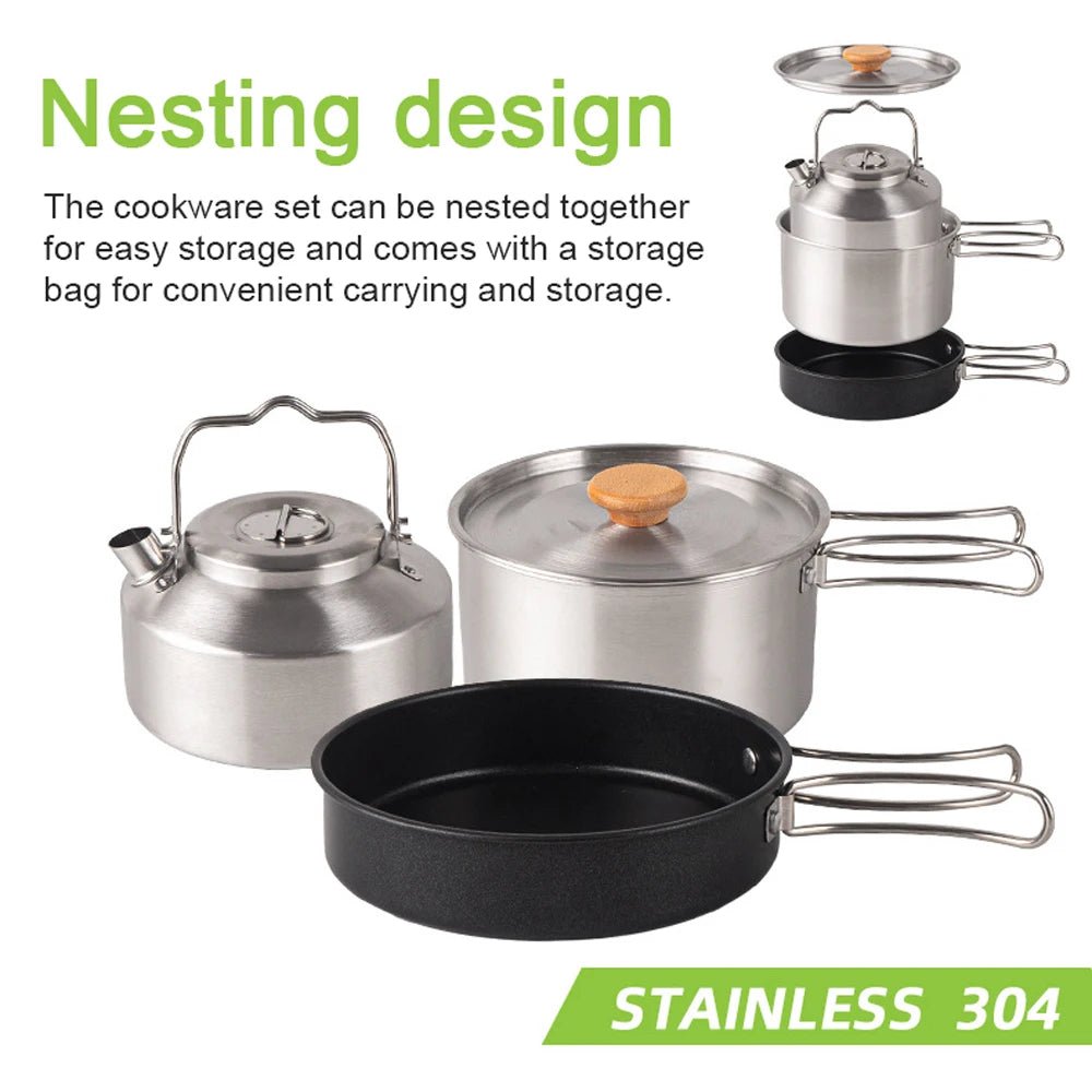 Ensemble Batterie de Cuisine pour Camping en Acier Inoxydable - Kit Casserole, Poêle et Bouilloire pour Extérieur et Voyage - Cuisine Chez Nadine