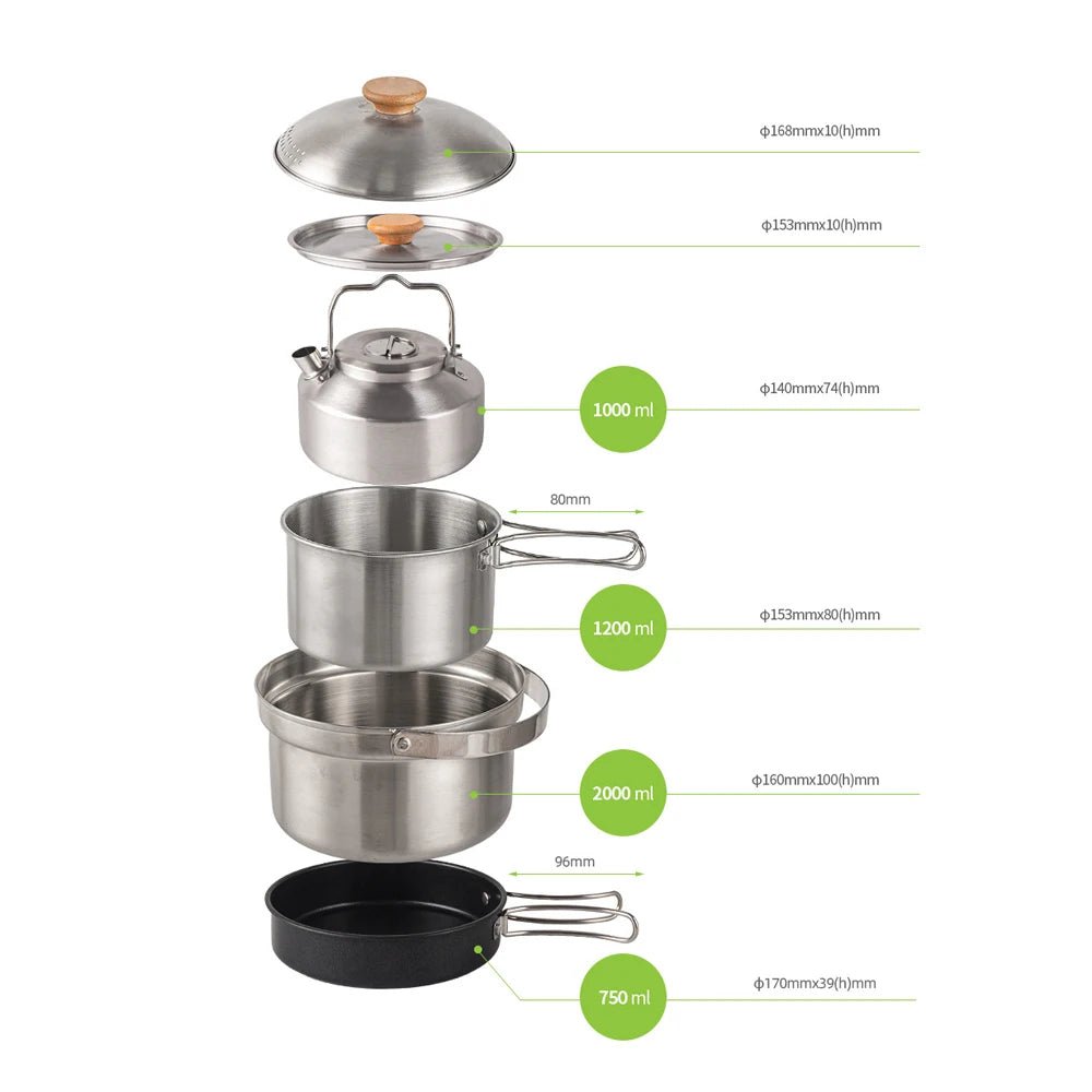 Ensemble Batterie de Cuisine pour Camping en Acier Inoxydable - Kit Casserole, Poêle et Bouilloire pour Extérieur et Voyage - Cuisine Chez Nadine
