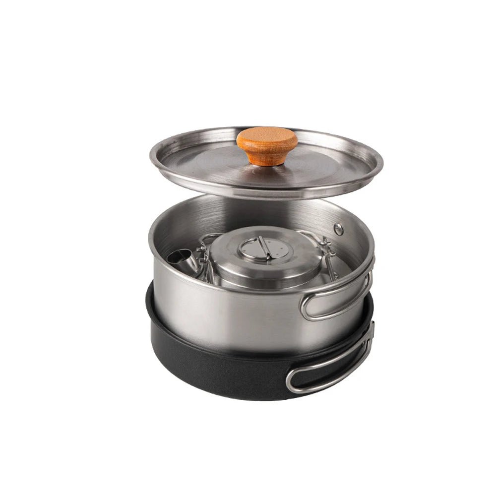 Ensemble Batterie de Cuisine pour Camping en Acier Inoxydable - Kit Casserole, Poêle et Bouilloire pour Extérieur et Voyage - Cuisine Chez Nadine
