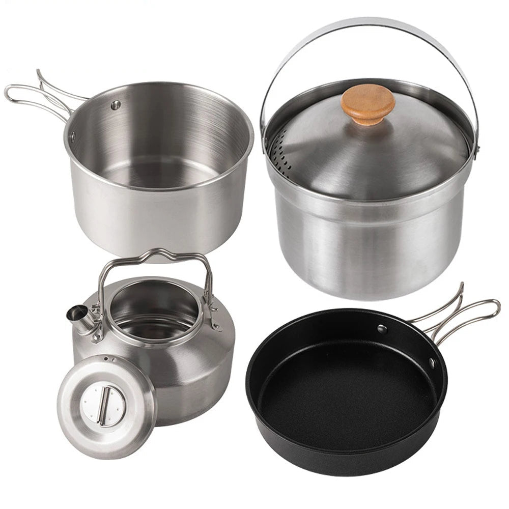 Ensemble Batterie de Cuisine pour Camping en Acier Inoxydable - Kit Casserole, Poêle et Bouilloire pour Extérieur et Voyage - Cuisine Chez Nadine