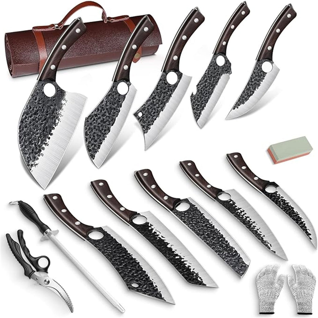 Ensemble Couteaux Chef Serbe 15 Pièces Forgés Main - Couteaux Boucher Acier Carbone avec Sac de Rangement - Cadeau Parfait Papa - Cuisine Chez Nadine