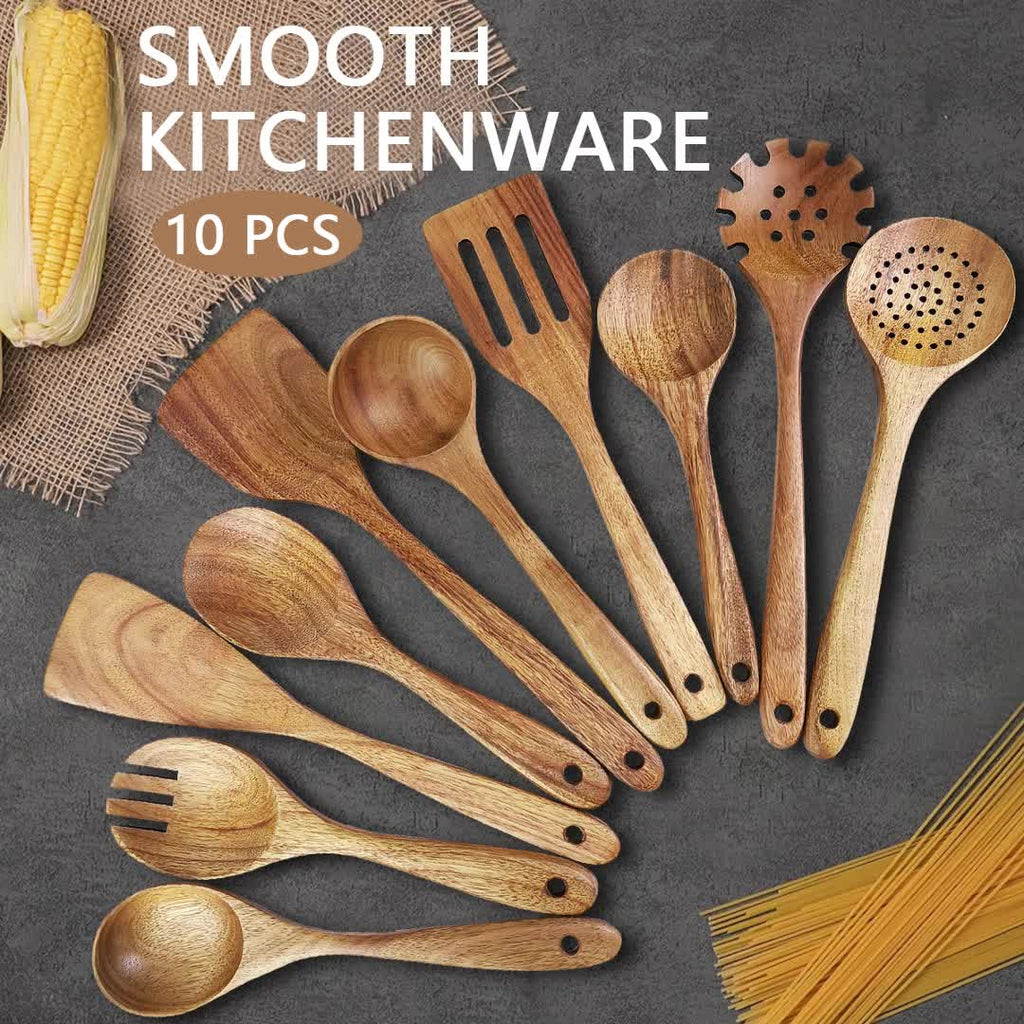 Ensemble de 10 Ustensiles de Cuisine en Bois Naturel - Cuisine Chez Nadine