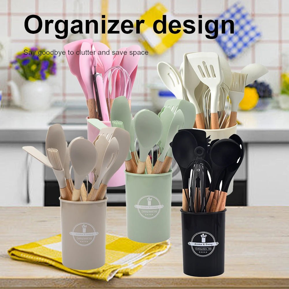 Ensemble de 12 Ustensiles de Cuisine en Silicone avec Support - Kit Complet Antiadhésif Résistant à la Chaleur - Cuisine Chez Nadine