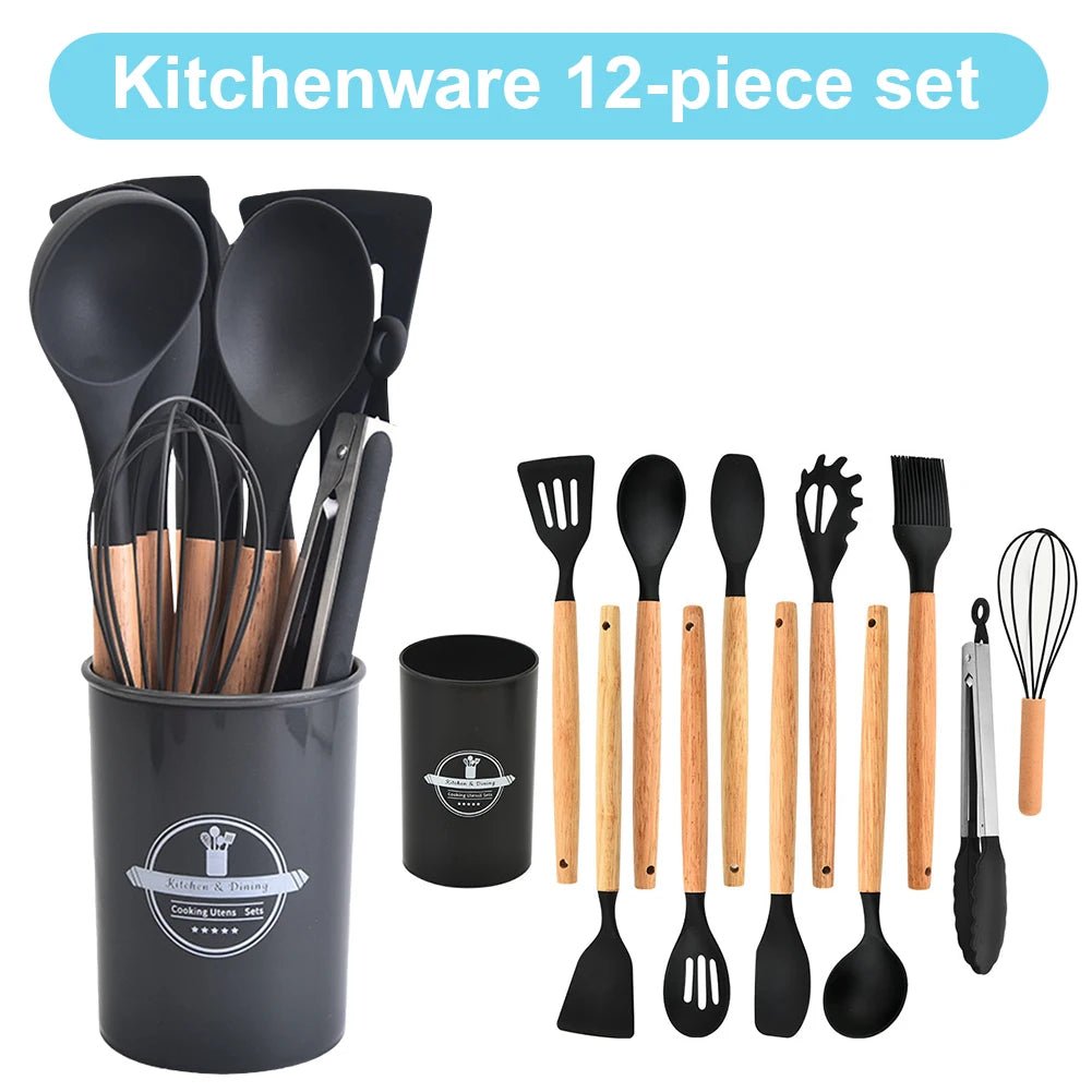 Ensemble de 12 Ustensiles de Cuisine en Silicone avec Support - Kit Complet Antiadhésif Résistant à la Chaleur - Cuisine Chez Nadine