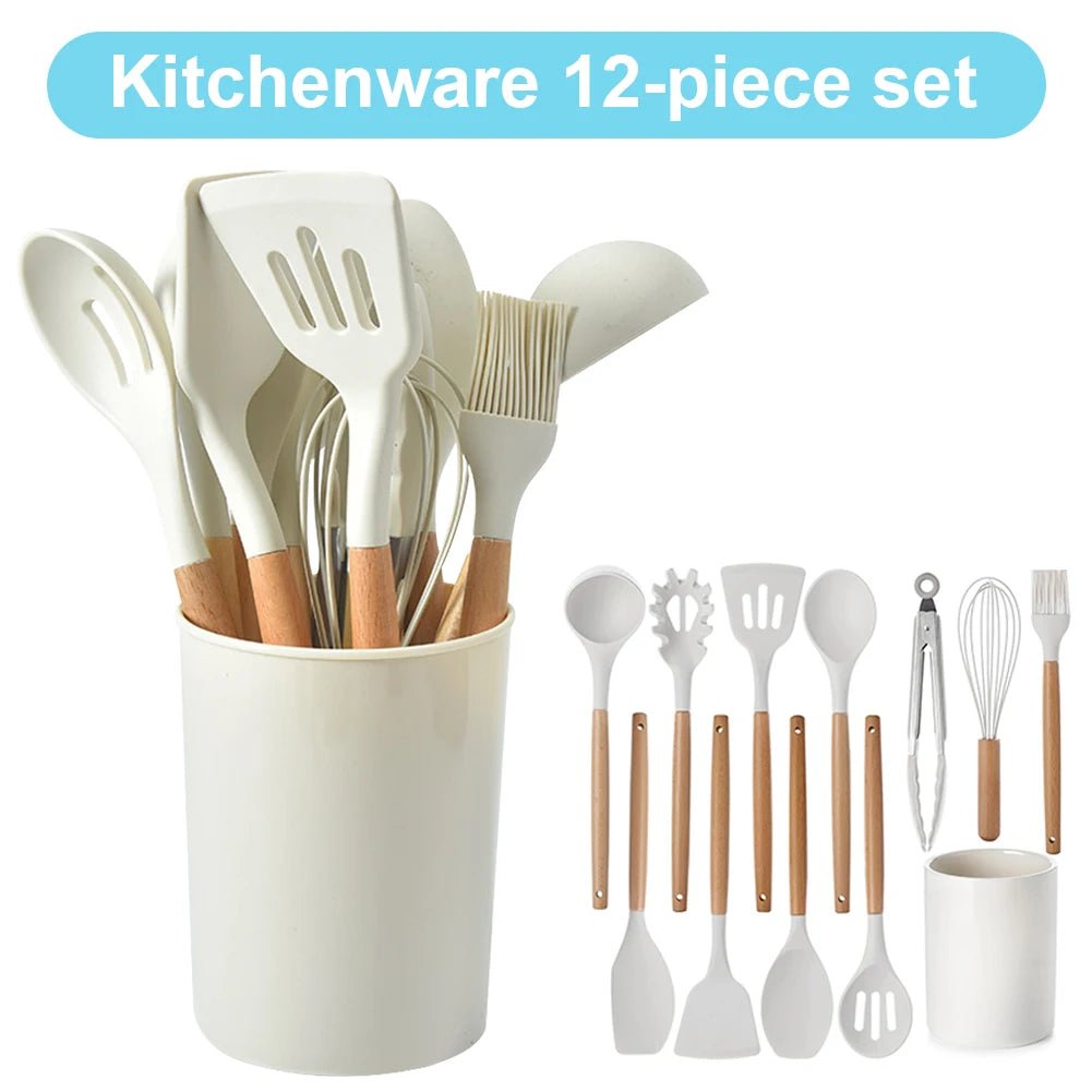 Ensemble de 12 Ustensiles de Cuisine en Silicone avec Support - Kit Complet Antiadhésif Résistant à la Chaleur - Cuisine Chez Nadine