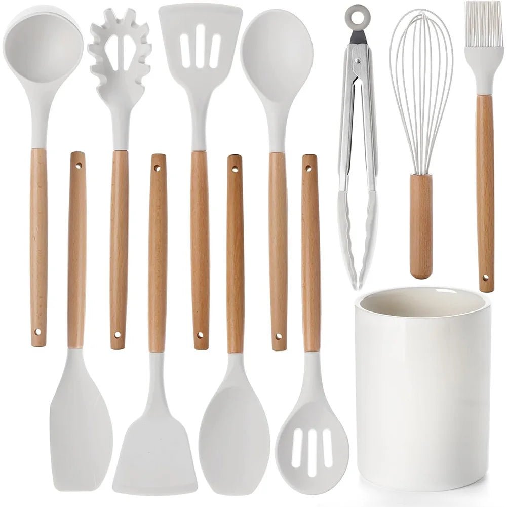 Ensemble de 12 Ustensiles de Cuisine en Silicone avec Support - Kit Complet Antiadhésif Résistant à la Chaleur - Cuisine Chez Nadine