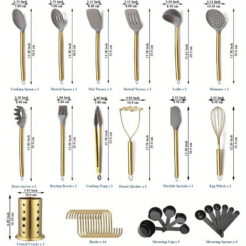 Ensemble de 38 ustensiles de cuisine dorés en silicone antiadhésif avec support - Cuisine Chez Nadine