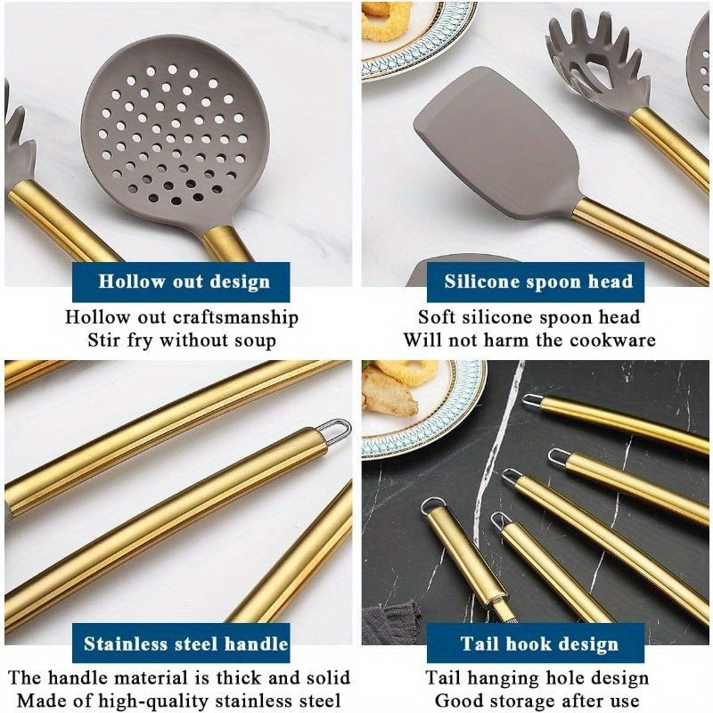 Ensemble de 38 ustensiles de cuisine dorés en silicone antiadhésif avec support - Cuisine Chez Nadine