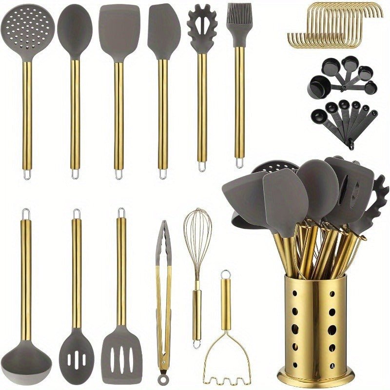 Ensemble de 38 ustensiles de cuisine dorés en silicone antiadhésif avec support - Cuisine Chez Nadine