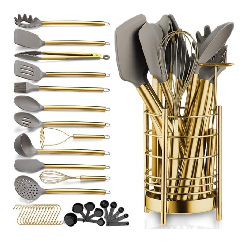 Ensemble de 38 ustensiles de cuisine dorés en silicone antiadhésif avec support - Cuisine Chez Nadine