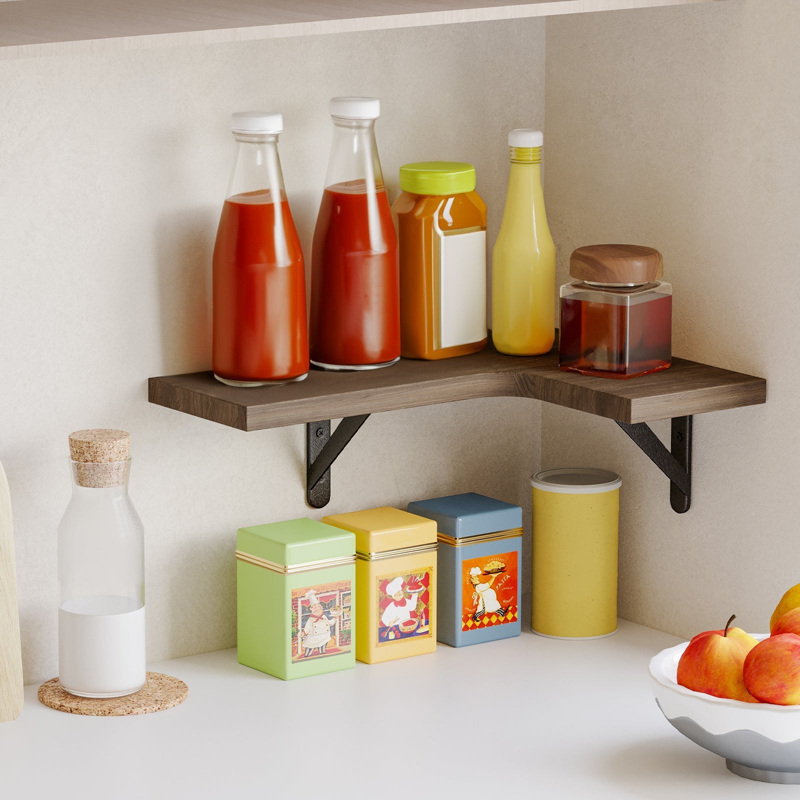 Ensemble de 5 étagères d'angle flottantes WHONLINE en bois rustique noyer - Cuisine Chez Nadine