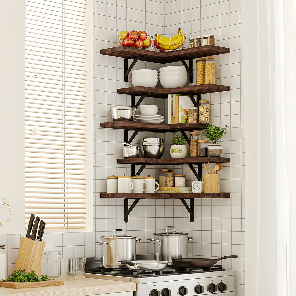 Ensemble de 5 étagères d'angle flottantes WHONLINE en bois rustique noyer - Cuisine Chez Nadine
