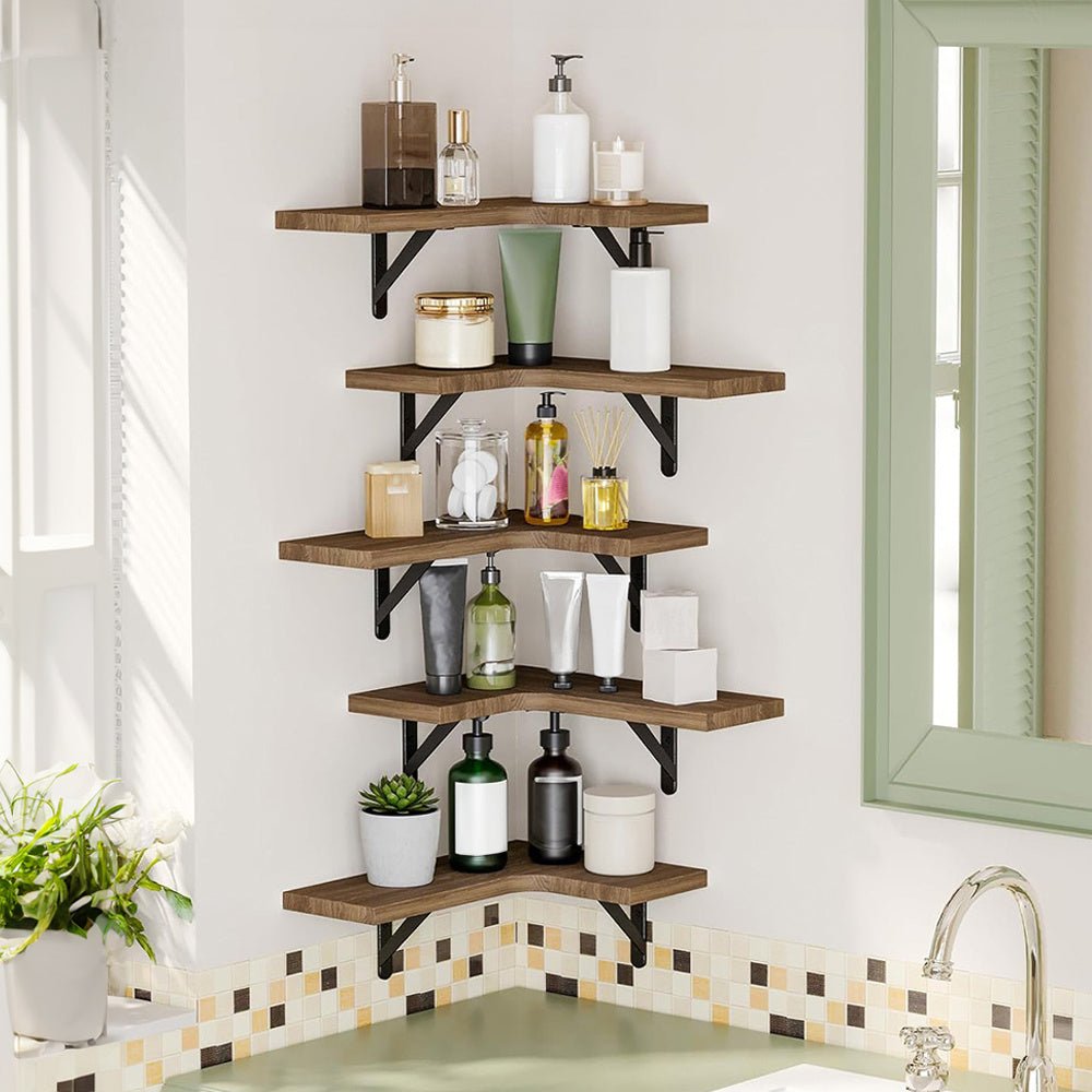 Ensemble de 5 étagères d'angle flottantes WHONLINE en bois rustique noyer - Cuisine Chez Nadine