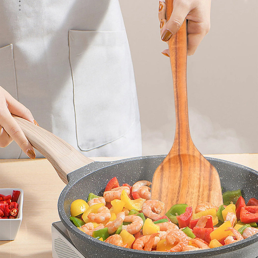Ensemble de 9 Ustensiles de Cuisine en Bois - Cuillères et Outils Naturels Écologiques - Cuisine Chez Nadine