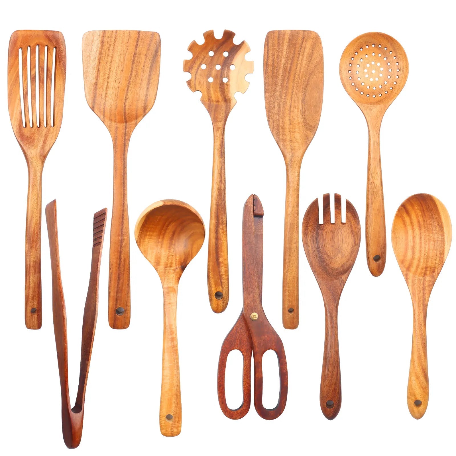 Ensemble de 9 Ustensiles de Cuisine en Bois - Cuillères et Outils Naturels Écologiques - Cuisine Chez Nadine