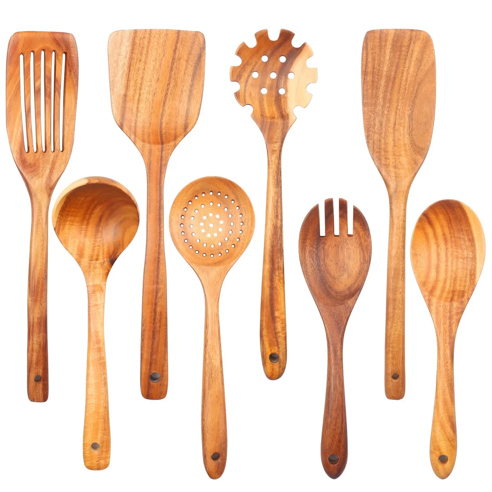 Ensemble de 9 Ustensiles de Cuisine en Bois - Cuillères et Outils Naturels Écologiques - Cuisine Chez Nadine