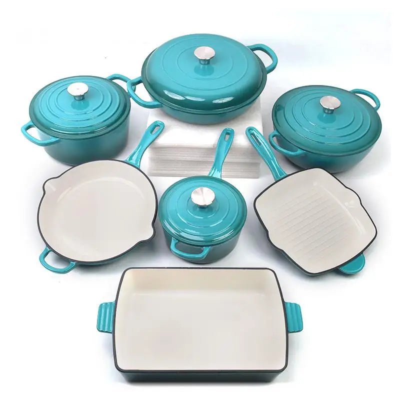 Ensemble de batterie de cuisine en fonte émaillée 7 pièces - Antiadhésif - Poêles, casseroles et couvercles - Pour gaz et induction - Usage domestique et professionnel - Cuisine Chez Nadine