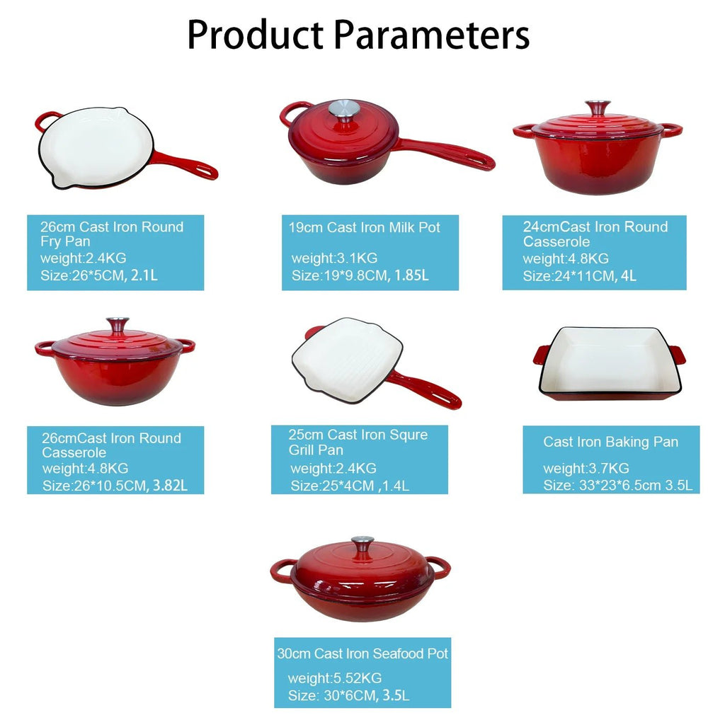 Ensemble de batterie de cuisine en fonte émaillée 7 pièces - Antiadhésif - Poêles, casseroles et couvercles - Pour gaz et induction - Usage domestique et professionnel - Cuisine Chez Nadine