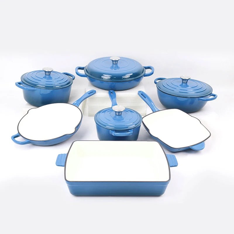 Ensemble de batterie de cuisine en fonte émaillée 7 pièces - Antiadhésif - Poêles, casseroles et couvercles - Pour gaz et induction - Usage domestique et professionnel - Cuisine Chez Nadine