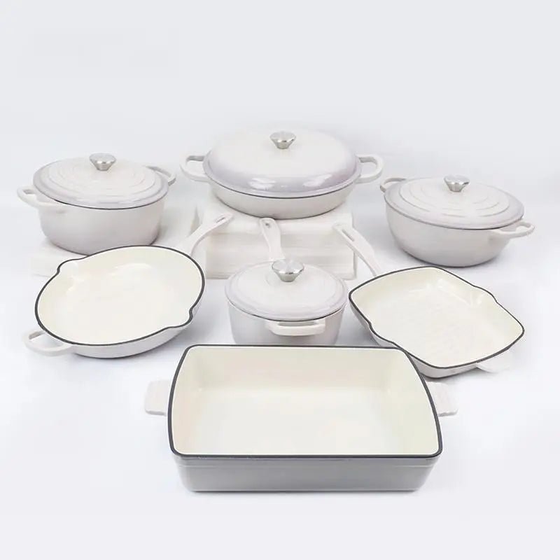 Ensemble de batterie de cuisine en fonte émaillée 7 pièces - Antiadhésif - Poêles, casseroles et couvercles - Pour gaz et induction - Usage domestique et professionnel - Cuisine Chez Nadine