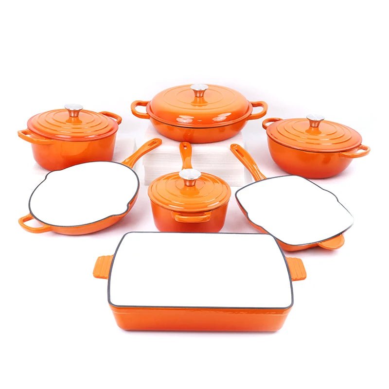 Ensemble de batterie de cuisine en fonte émaillée 7 pièces - Antiadhésif - Poêles, casseroles et couvercles - Pour gaz et induction - Usage domestique et professionnel - Cuisine Chez Nadine