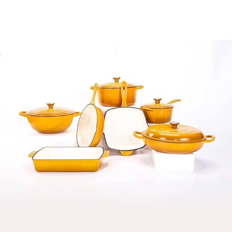 Ensemble de batterie de cuisine en fonte émaillée 7 pièces - Antiadhésif - Poêles, casseroles et couvercles - Pour gaz et induction - Usage domestique et professionnel - Cuisine Chez Nadine