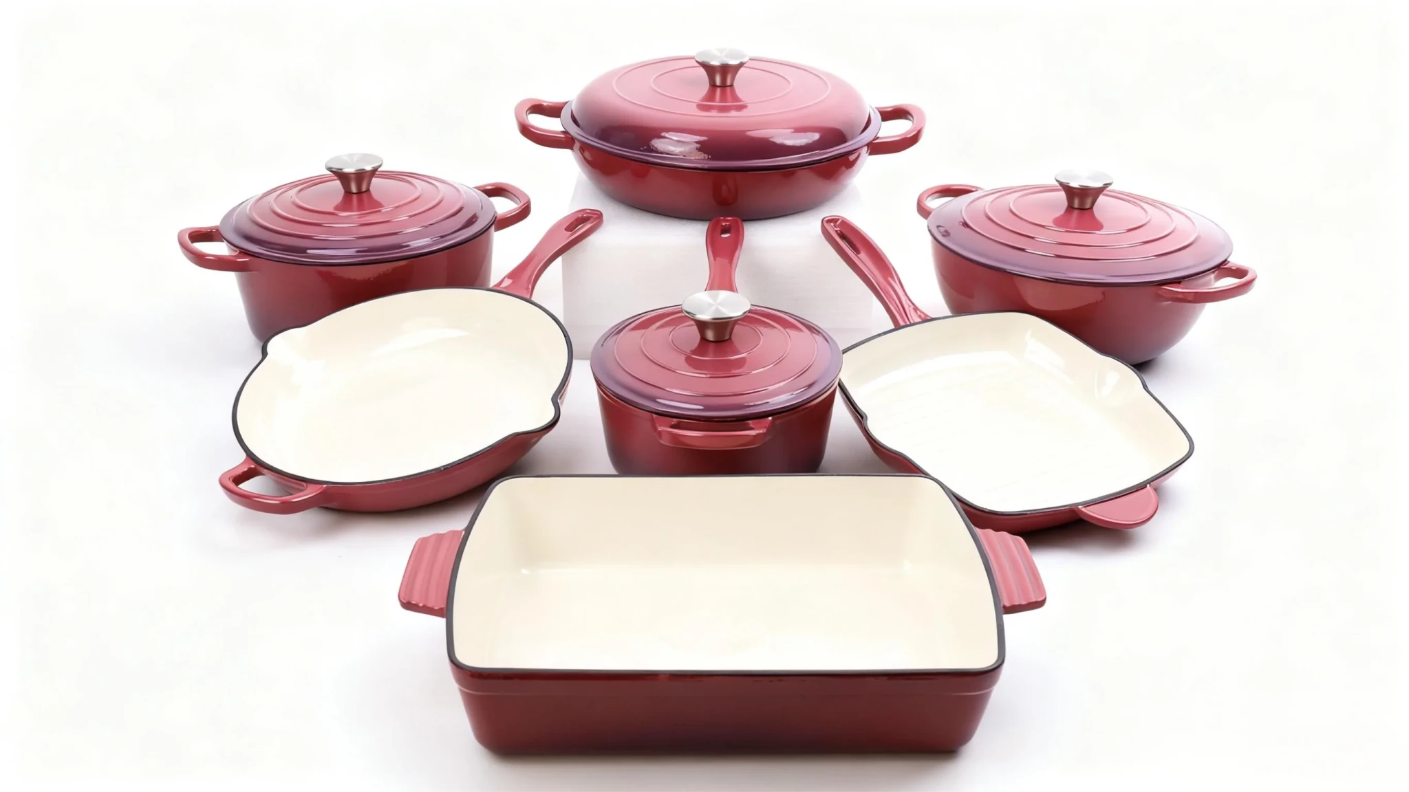 Ensemble de batterie de cuisine en fonte émaillée 7 pièces - Antiadhésif - Poêles, casseroles et couvercles - Pour gaz et induction - Usage domestique et professionnel - Cuisine Chez Nadine