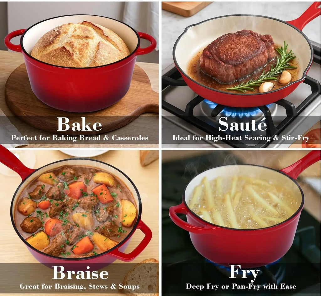 Ensemble de batterie de cuisine en fonte émaillée 7 pièces - Antiadhésif - Poêles, casseroles et couvercles - Pour gaz et induction - Usage domestique et professionnel - Cuisine Chez Nadine