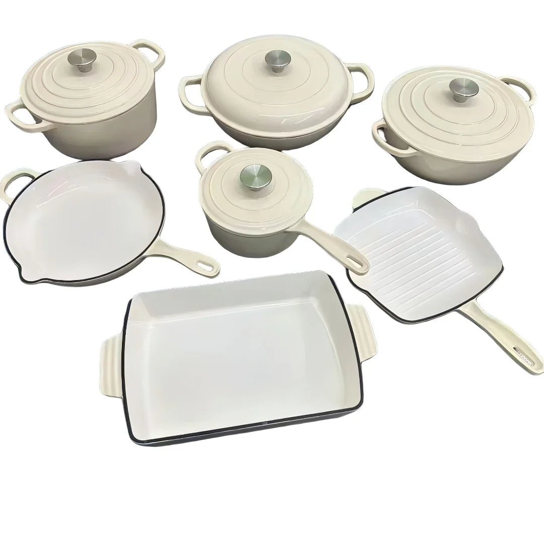 Ensemble de batterie de cuisine en fonte émaillée 7 pièces - Antiadhésif - Poêles, casseroles et couvercles - Pour gaz et induction - Usage domestique et professionnel - Cuisine Chez Nadine
