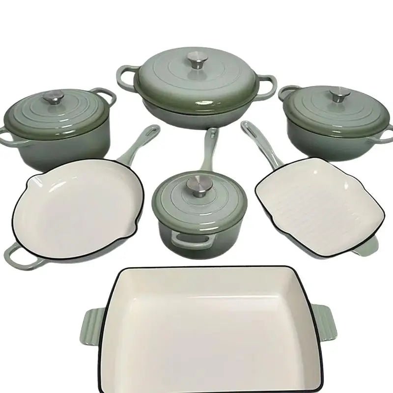 Ensemble de batterie de cuisine en fonte émaillée 7 pièces - Antiadhésif - Poêles, casseroles et couvercles - Pour gaz et induction - Usage domestique et professionnel - Cuisine Chez Nadine