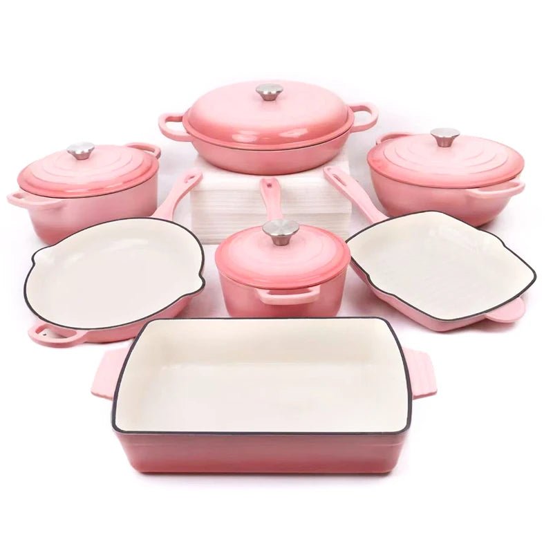 Ensemble de batterie de cuisine en fonte émaillée 7 pièces - Antiadhésif - Poêles, casseroles et couvercles - Pour gaz et induction - Usage domestique et professionnel - Cuisine Chez Nadine