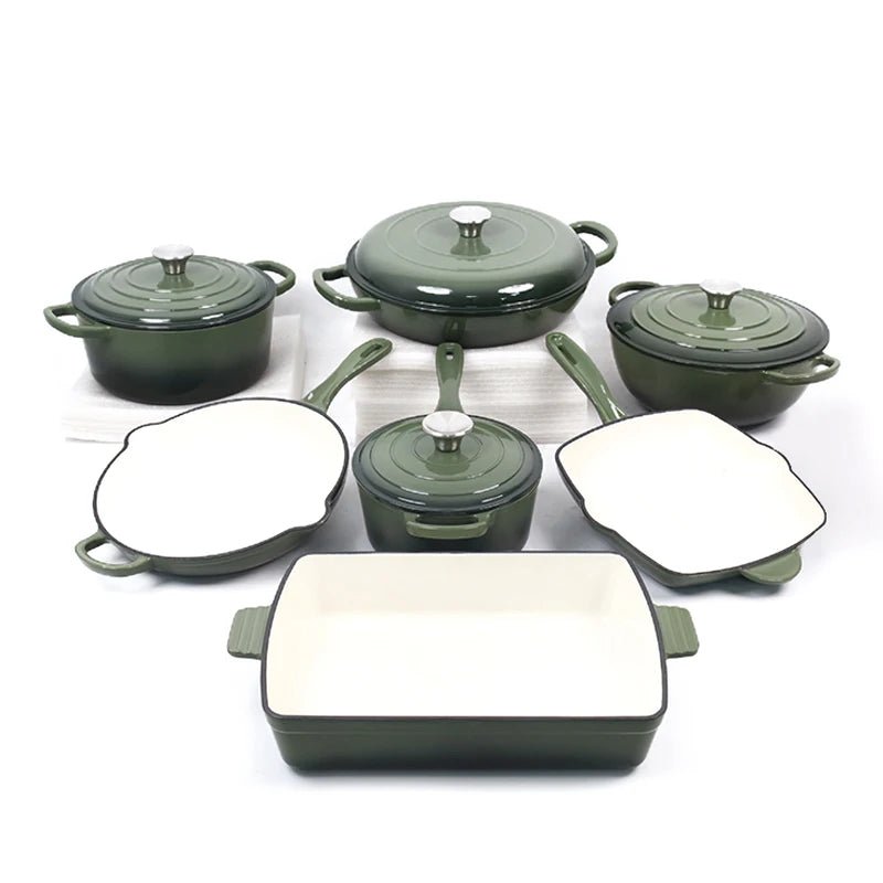 Ensemble de batterie de cuisine en fonte émaillée 7 pièces - Antiadhésif - Poêles, casseroles et couvercles - Pour gaz et induction - Usage domestique et professionnel - Cuisine Chez Nadine