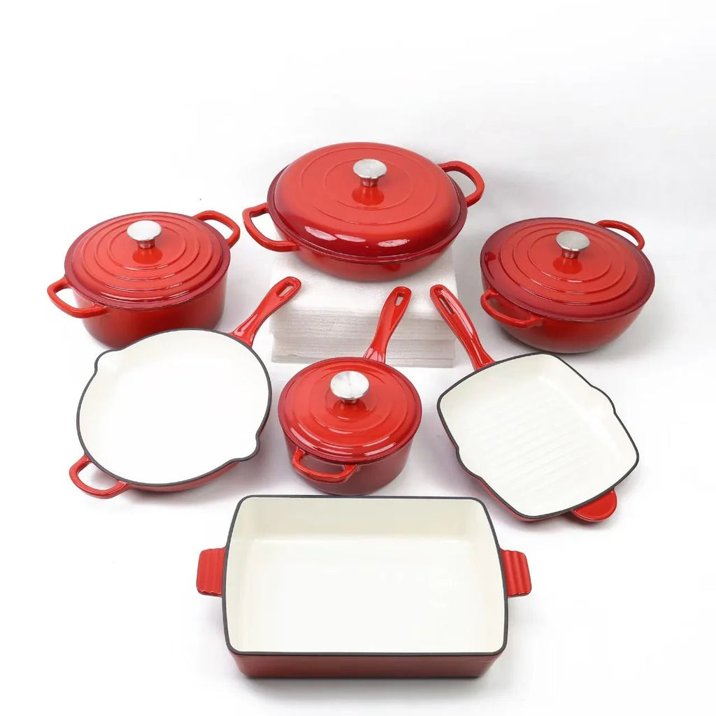 Ensemble de batterie de cuisine en fonte émaillée 7 pièces - Antiadhésif - Poêles, casseroles et couvercles - Pour gaz et induction - Usage domestique et professionnel - Cuisine Chez Nadine