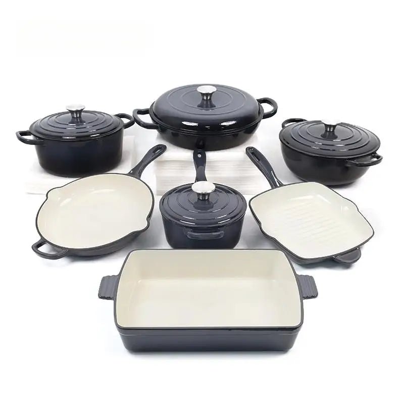 Ensemble de batterie de cuisine en fonte émaillée 7 pièces - Antiadhésif - Poêles, casseroles et couvercles - Pour gaz et induction - Usage domestique et professionnel - Cuisine Chez Nadine