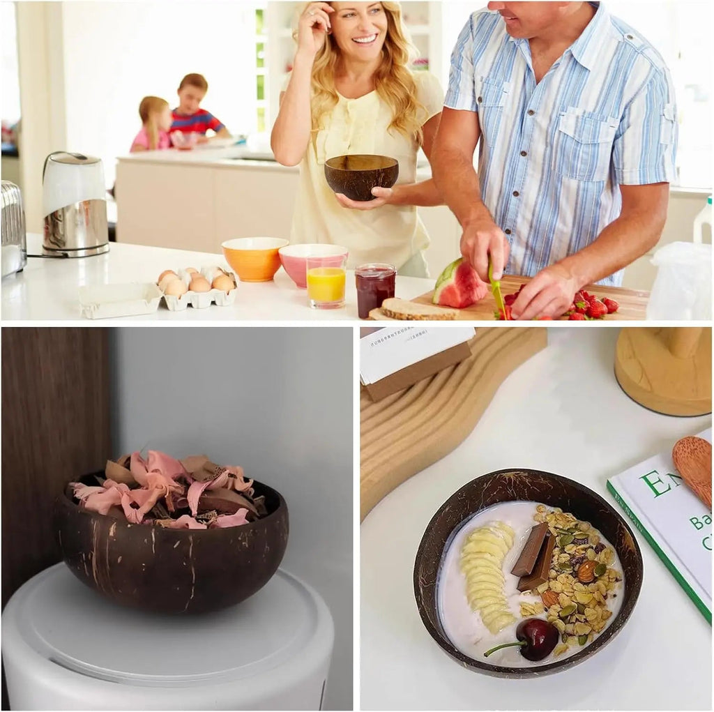 Ensemble de bols en noix de coco polis avec cuillères en bois - Bols naturels pour salades et smoothies - Cuisine Chez Nadine