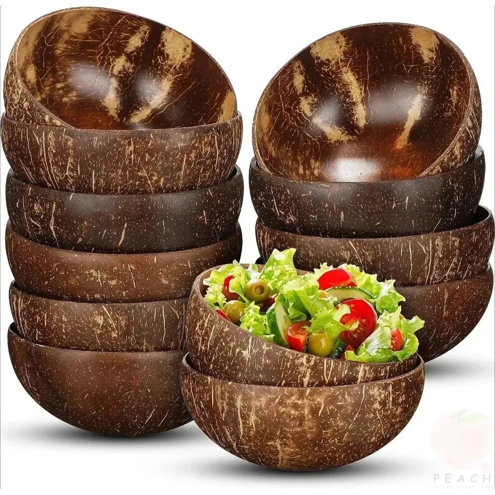 Ensemble de bols en noix de coco polis avec cuillères en bois - Bols naturels pour salades et smoothies - Cuisine Chez Nadine
