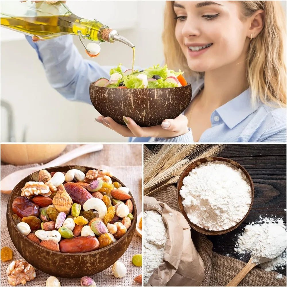 Ensemble de bols en noix de coco polis avec cuillères en bois - Bols naturels pour salades et smoothies - Cuisine Chez Nadine