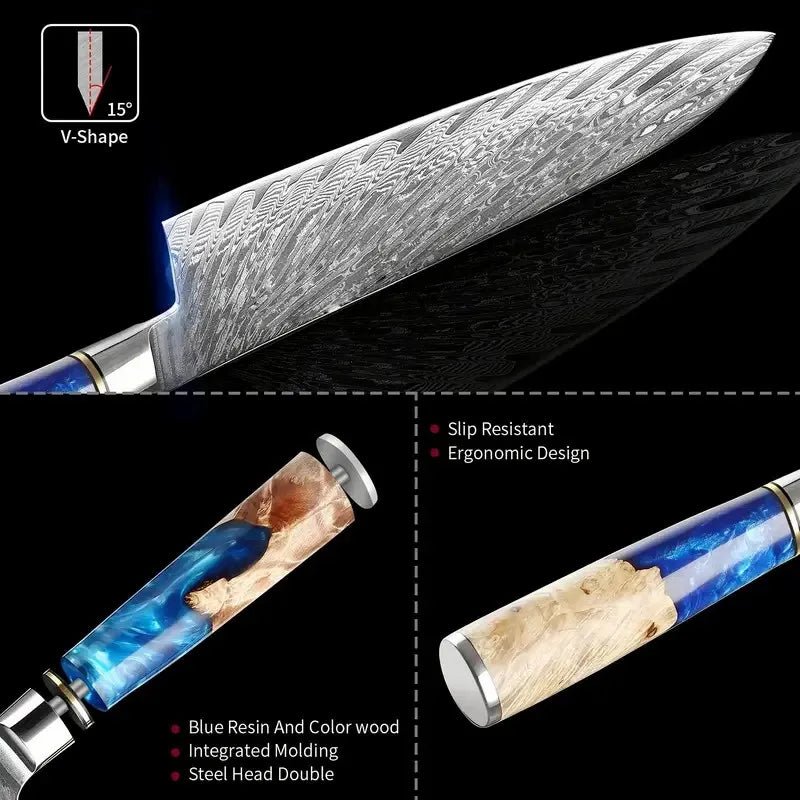 Ensemble de couteaux de cuisine Damascus LONSDOW 67 couches - Chef, Nakiri, Santoku - Cuisine Chez Nadine