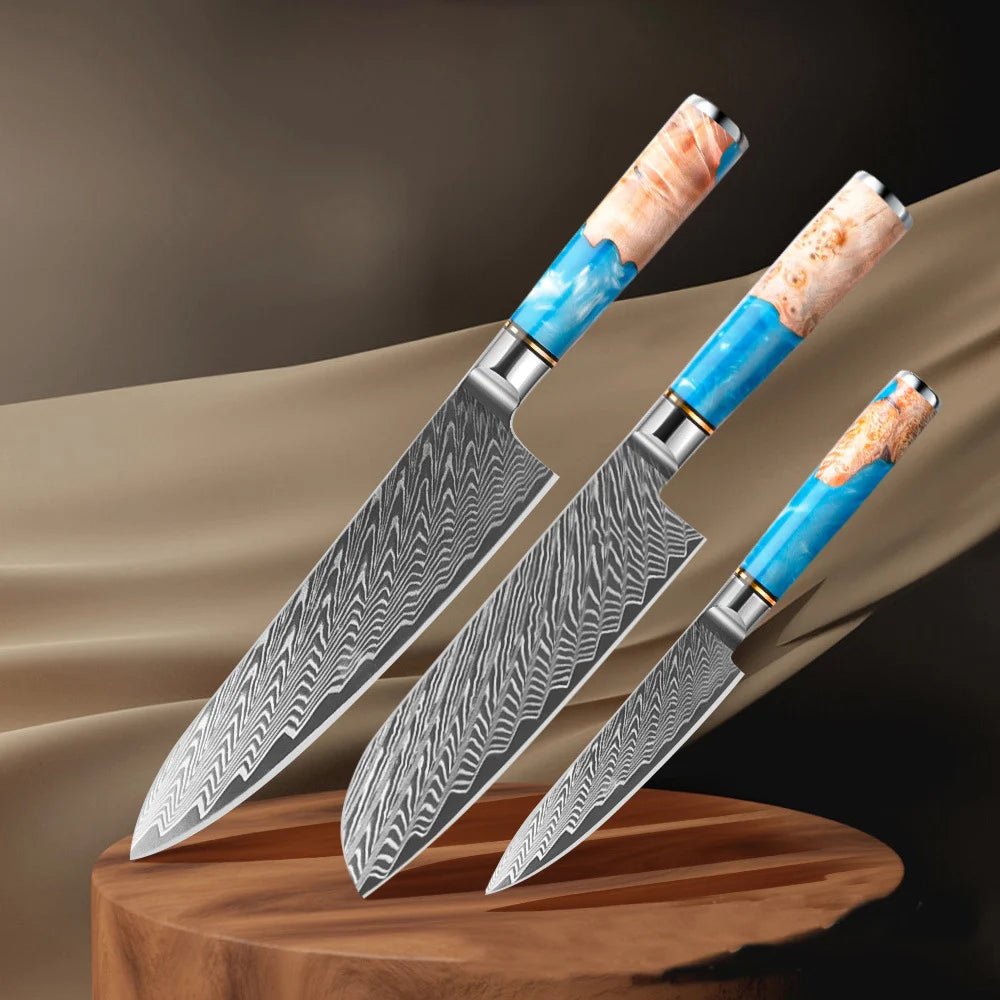 Ensemble de couteaux de cuisine Damascus LONSDOW 67 couches - Chef, Nakiri, Santoku - Cuisine Chez Nadine